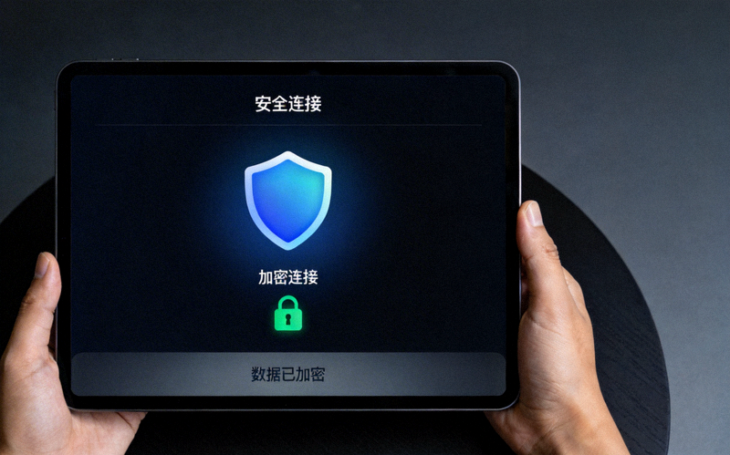 在平板电脑上展示安全盾牌图标和加密连接标识的界面
